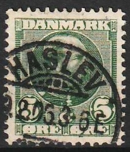 FRIMÆRKER DANMARK | 1905-06 - AFA 52 - Chr. IX 5 øre grøn - Lux Stemplet Haslev